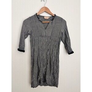Rungolee Black White Striped Tunic Dress XS Textured Crinkle Boho Ruffle Beach